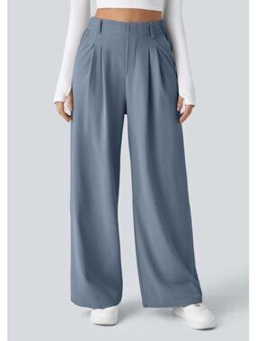Halara Flex Light Blue High Waisted Pocket Wide Leg Waffle Work Pants Size PL